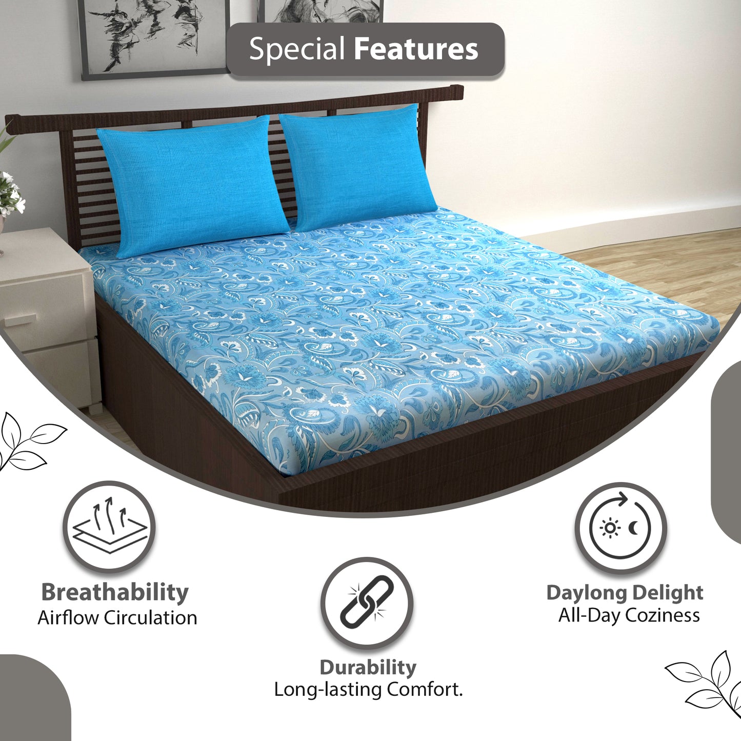 Blue Shades Regal Paisley 144 TC Cotton Double Bedsheet With 2 Pillowcovers