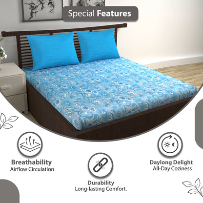 Blue Shades Regal Paisley 144 TC Cotton Double Bedsheet With 2 Pillowcovers