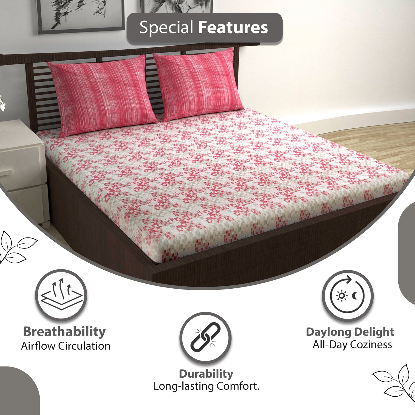 Red & Grey Mosaic Bloom 144 TC Cotton Double Bedsheet With 2 Pillowcovers