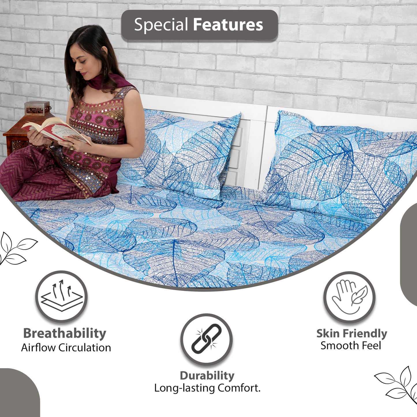 Light Blue Floral 144 TC Cotton Double Bedsheet With 2 Pillowcovers