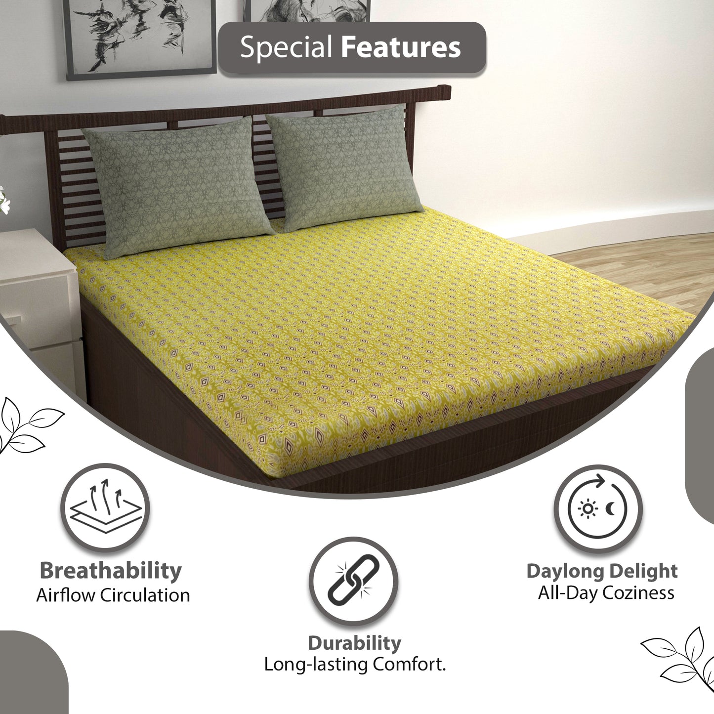 Yellow Ikat Diamond 144 TC Cotton Double Bedsheet With 2 Pillowcovers