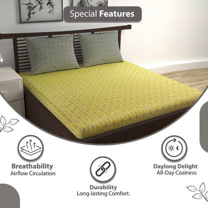Yellow Ikat Diamond 144 TC Cotton Double Bedsheet With 2 Pillowcovers