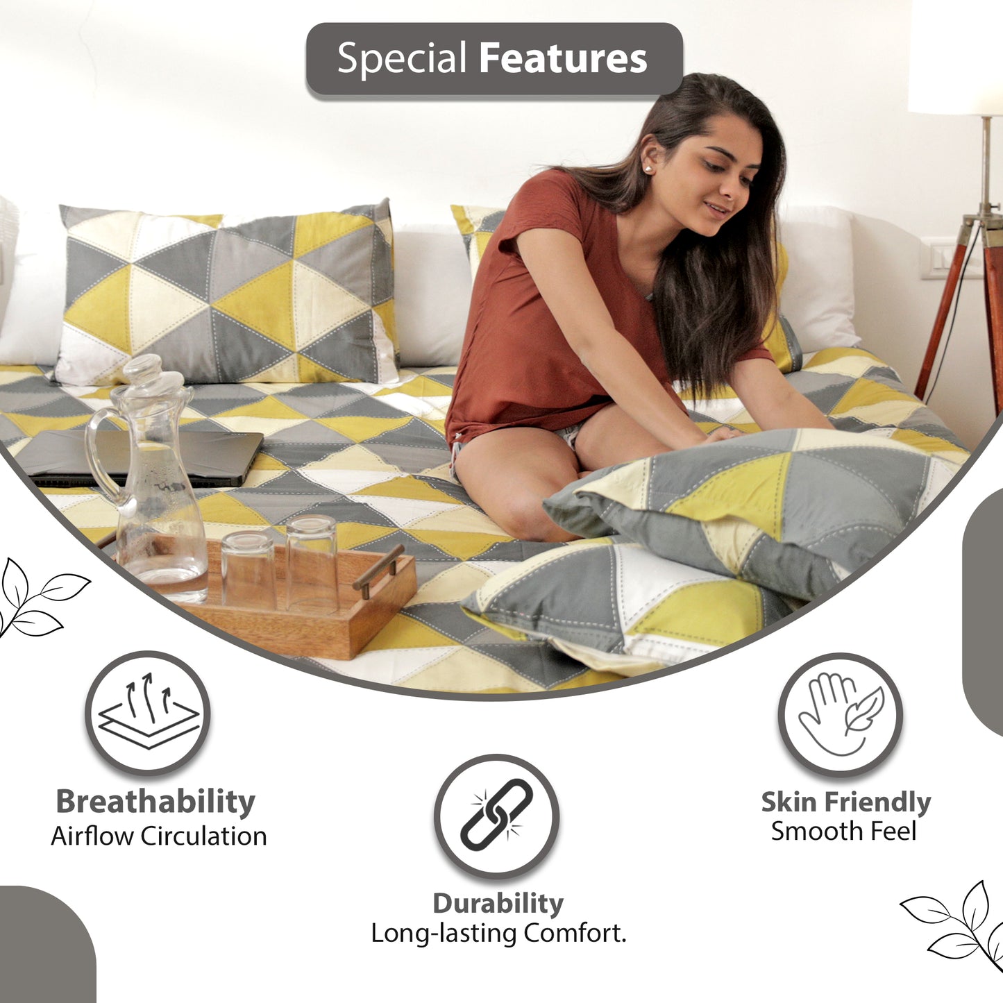 Gold Grey Geometric 144 TC Polycotton Single Bedsheet With 1 Pillowcover