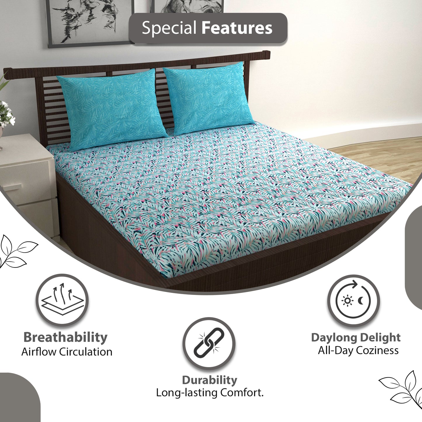 Light Blue Pink Tropical Leaf 144 TC Cotton Double Bedsheet With 2 Pillowcovers