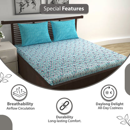 Light Blue Pink Tropical Leaf 144 TC Cotton Double Bedsheet With 2 Pillowcovers
