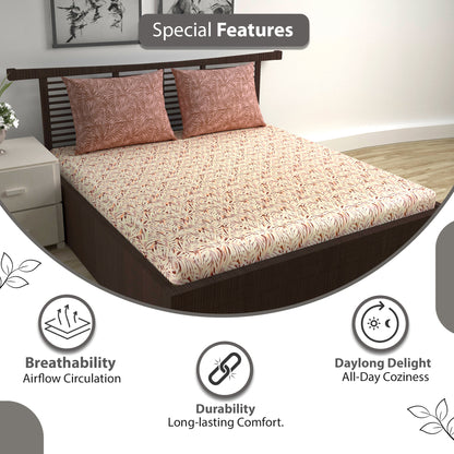 Beige & Maroon Floral Leaf 144 TC Cotton Double Bedsheet With 2 Pillowcovers