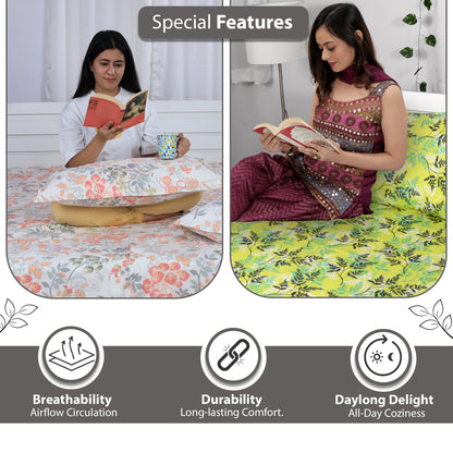 Green and Peach Floral Print Set of 2 Combo Bedsheet for King Size Bed