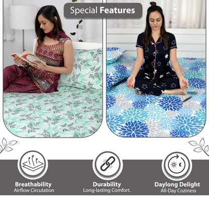 Green and Light Blue Floral Print Set of 2 Combo Bedsheet for King Size Bed