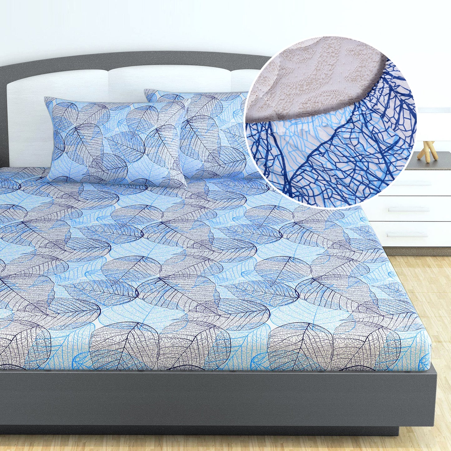 Blue Dry Leaves Texture Elastic Fitted King Bed Bedsheet