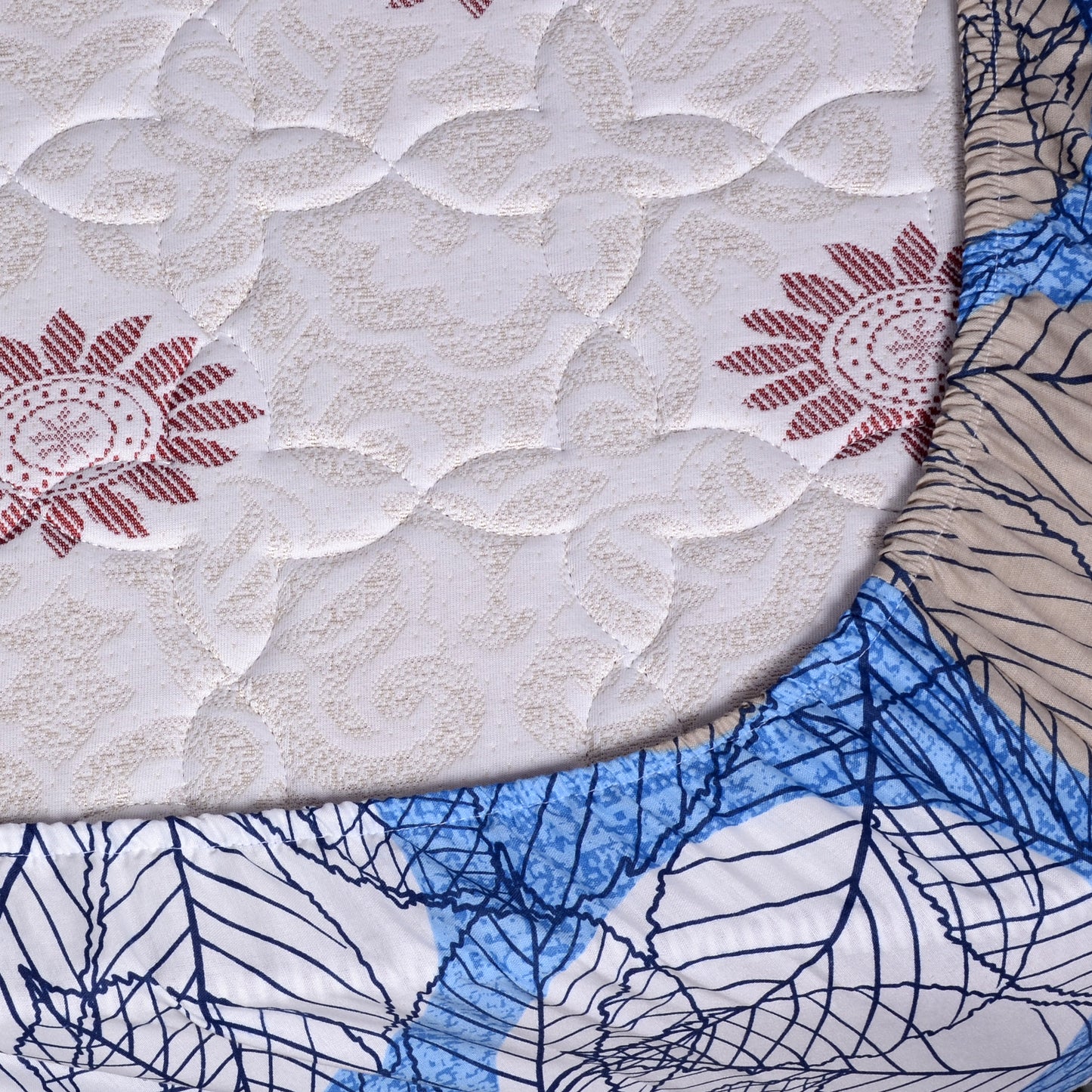 Blue & Beige Floral Elastic Fitted Double Bed Bedsheet