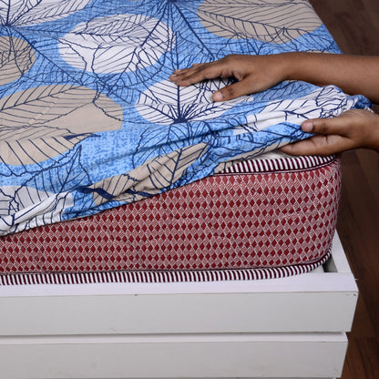 Blue & Beige Floral Elastic Fitted Double Bed Bedsheet