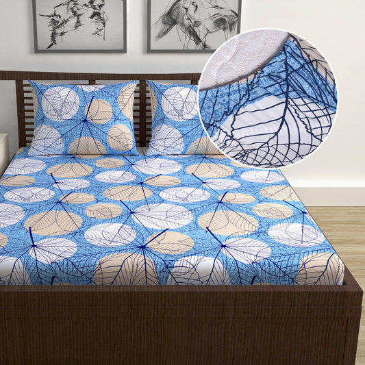 Blue & Beige Floral Elastic Fitted Double Bed Bedsheet