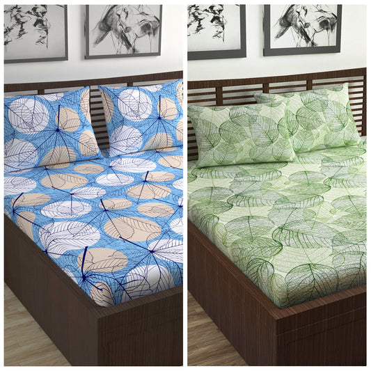 Blue and Green Floral Print Combo Set of 2 Bedsheet for Double Bed
