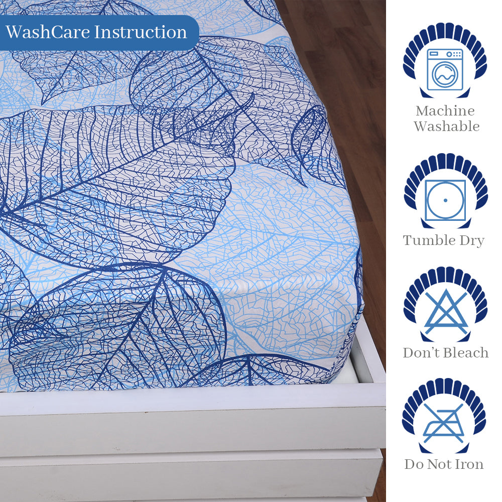 Light Blue Dry Leaves Pattern Elastic Fitted Bedsheet For Single Bed