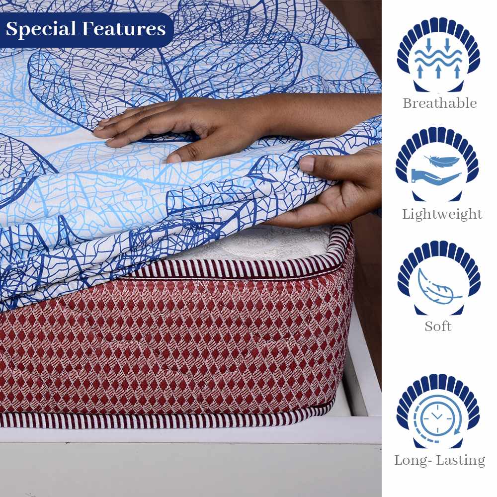 Iris Blue 144 TC 100% Cotton Dry Leaf Elastic Fitted  Bedsheet for Double Bed with 2 Pillow Covers  For Bedroom