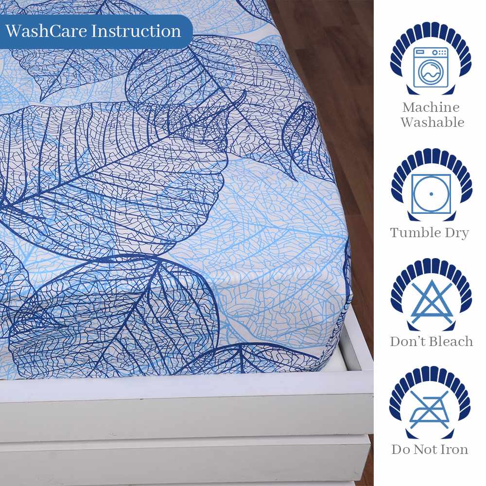Blue Dry Leaves Texture Elastic Fitted Double Bed Bedsheet