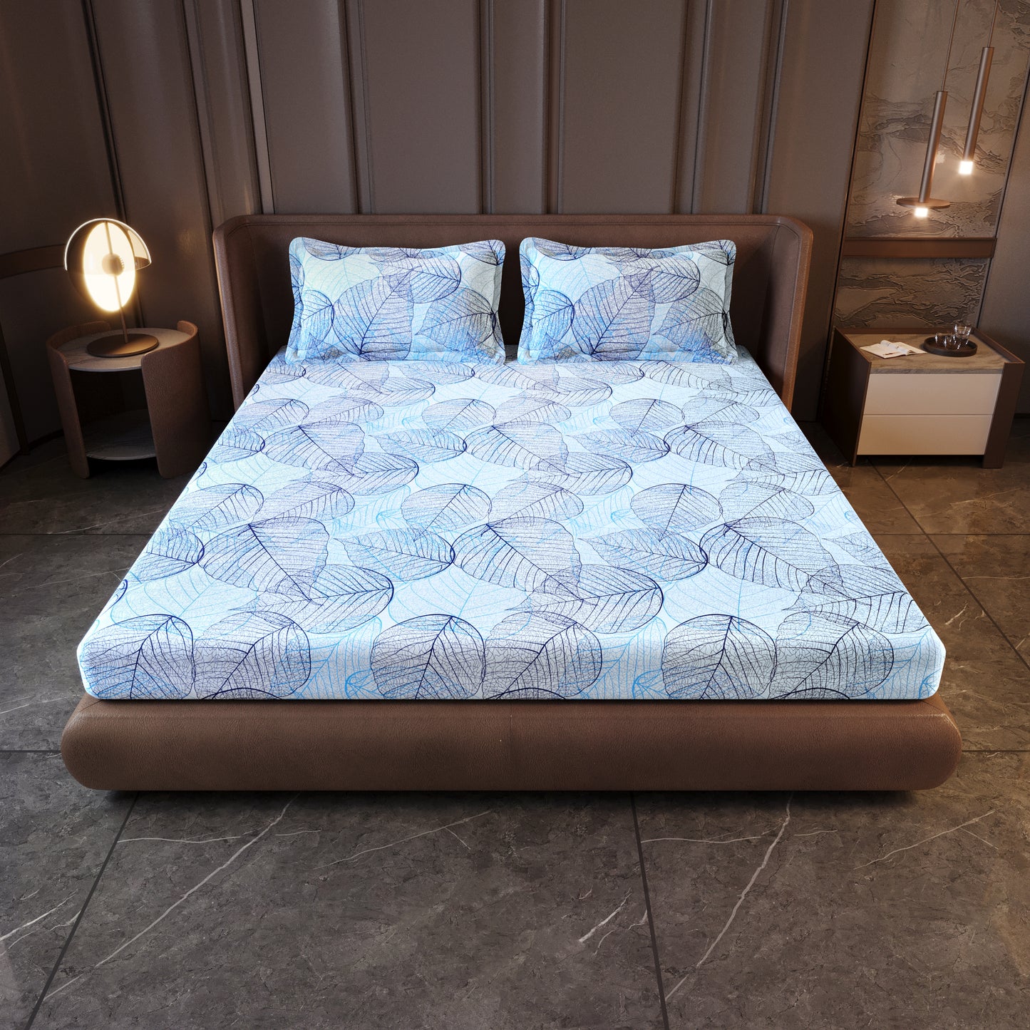 Light Blue Dry Leaf Texture King Size Bedsheet