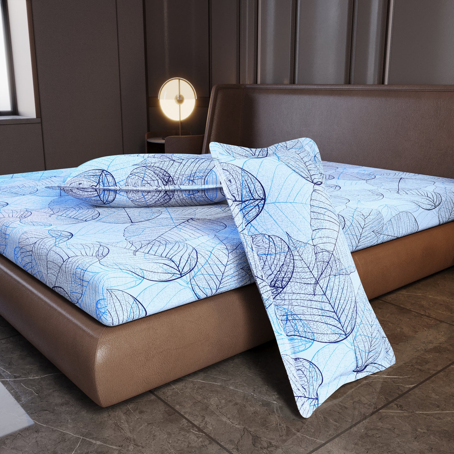 Light Blue Dry Leaf Texture King Size Bedsheet
