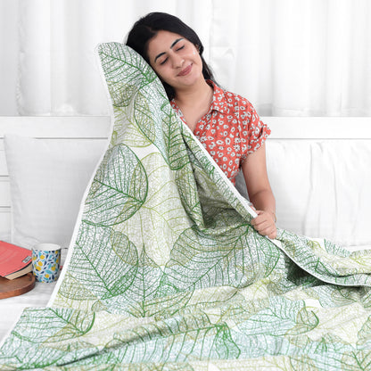 Green 120 GSM Cotton Floral Leaf Pattern Double Bed AC Blanket Dohar for All Season