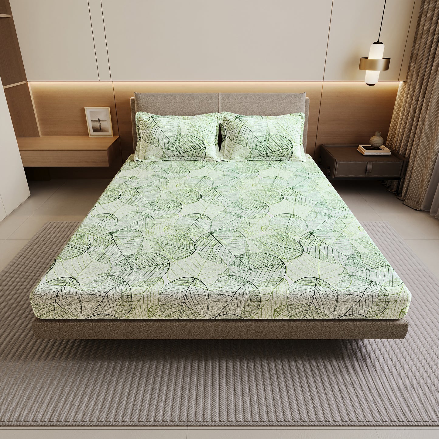 Sage Green Dry Leaf Texture Double Bedsheet