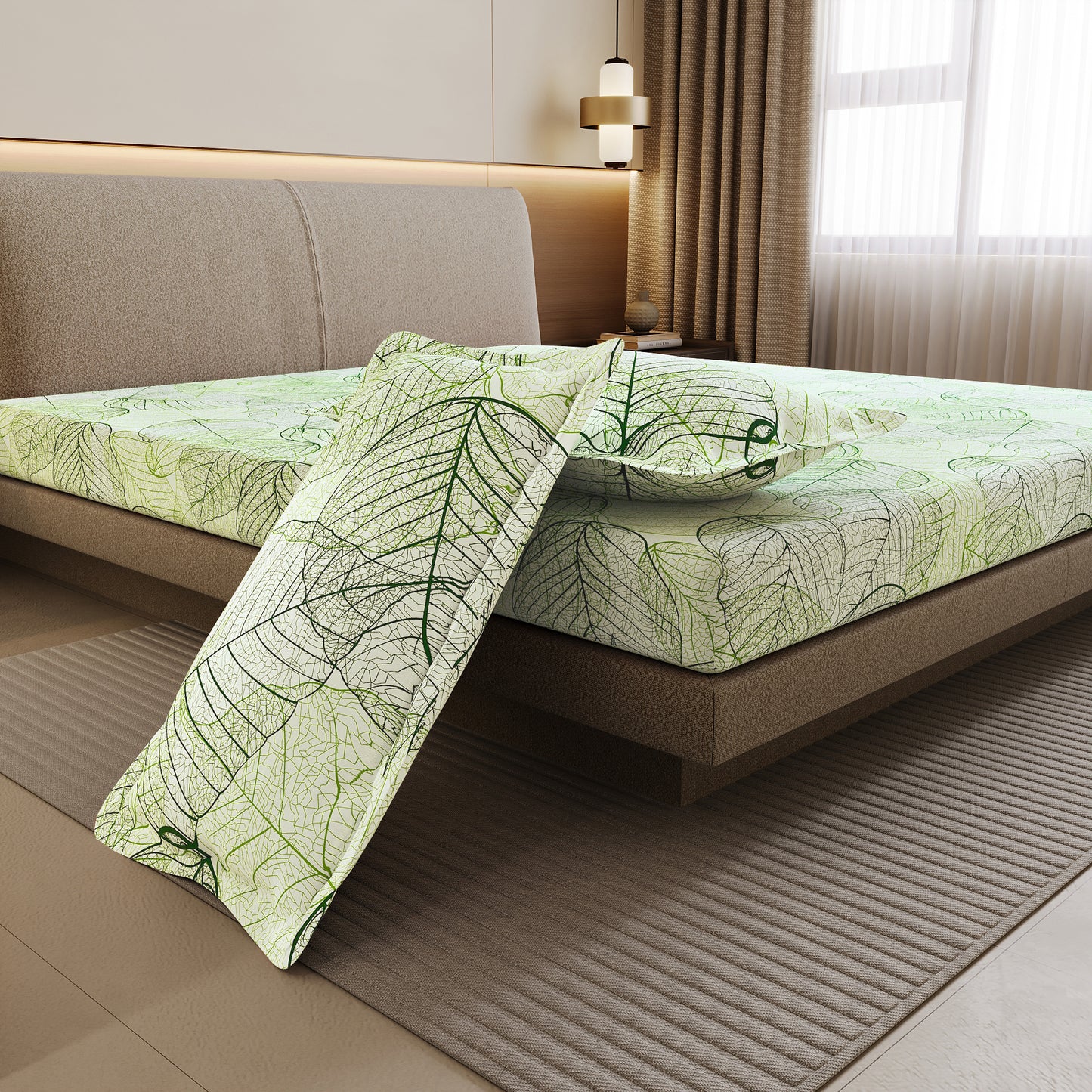 Sage Green Dry Leaf Texture Double Bedsheet