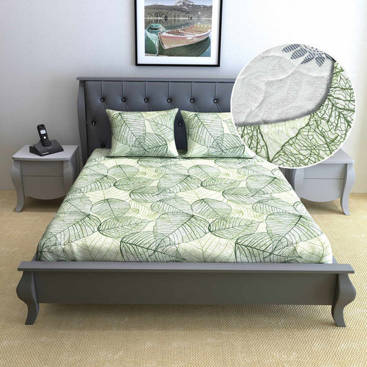 Green Leaf 144 TC 100% Cotton Print Elastic Fitted Double Bed Bedsheet with 2 Pillow Covers For Bedroom