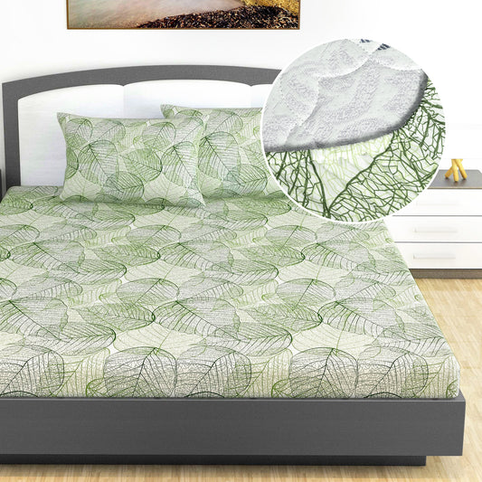 Green Dry Leaves Texture Elastic Fitted King Bed Bedsheet