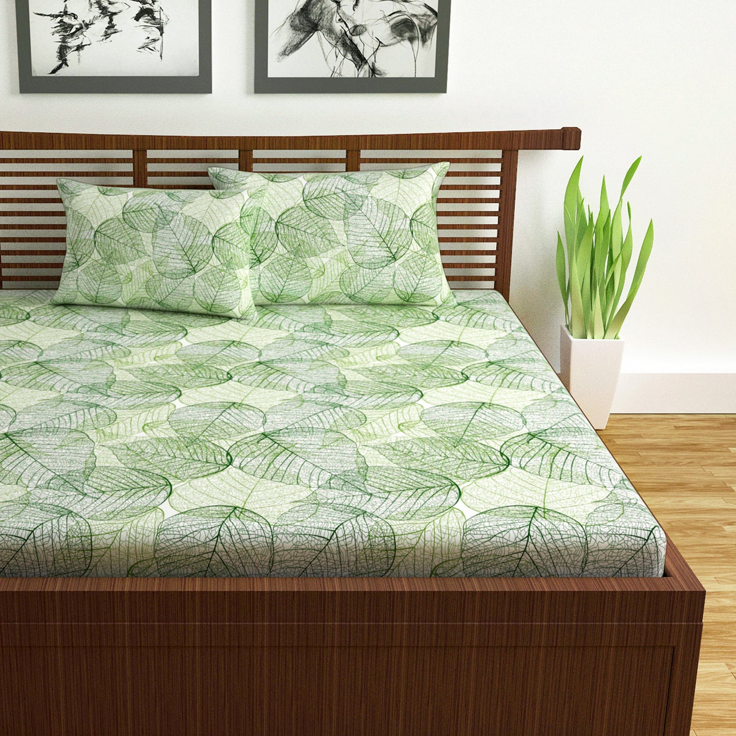 Sage Green Dry Leaves Pattern 144 TC Cotton Double Bedsheet With 2 Pillowcovers