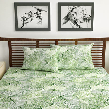 Sage Green Dry Leaves Pattern 144 TC Cotton Double Bedsheet With 2 Pillowcovers