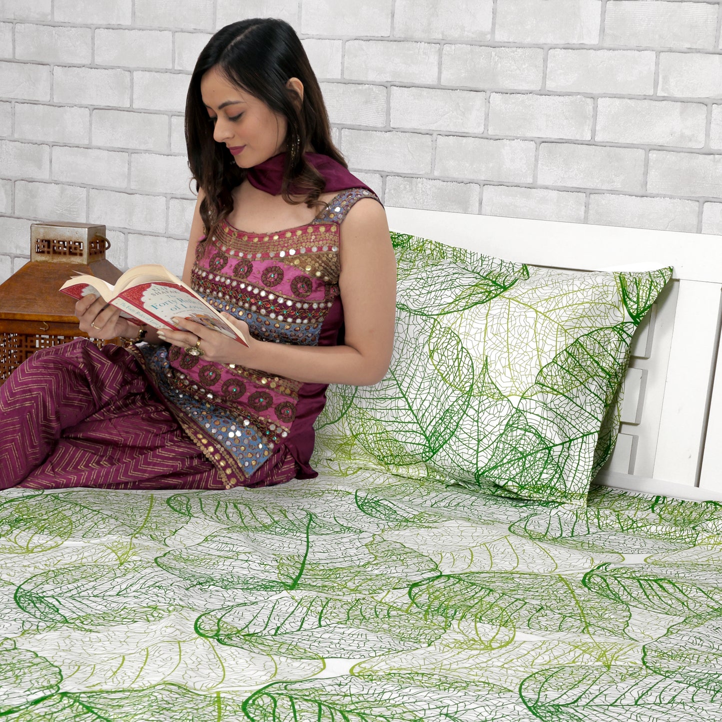 Sage Green Floral 144 TC Cotton Double Bedsheet With 2 Pillowcovers