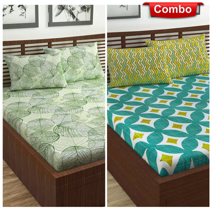 Green and Abstract Print Elastic Fitted Combo Bedsheet For Double Bed