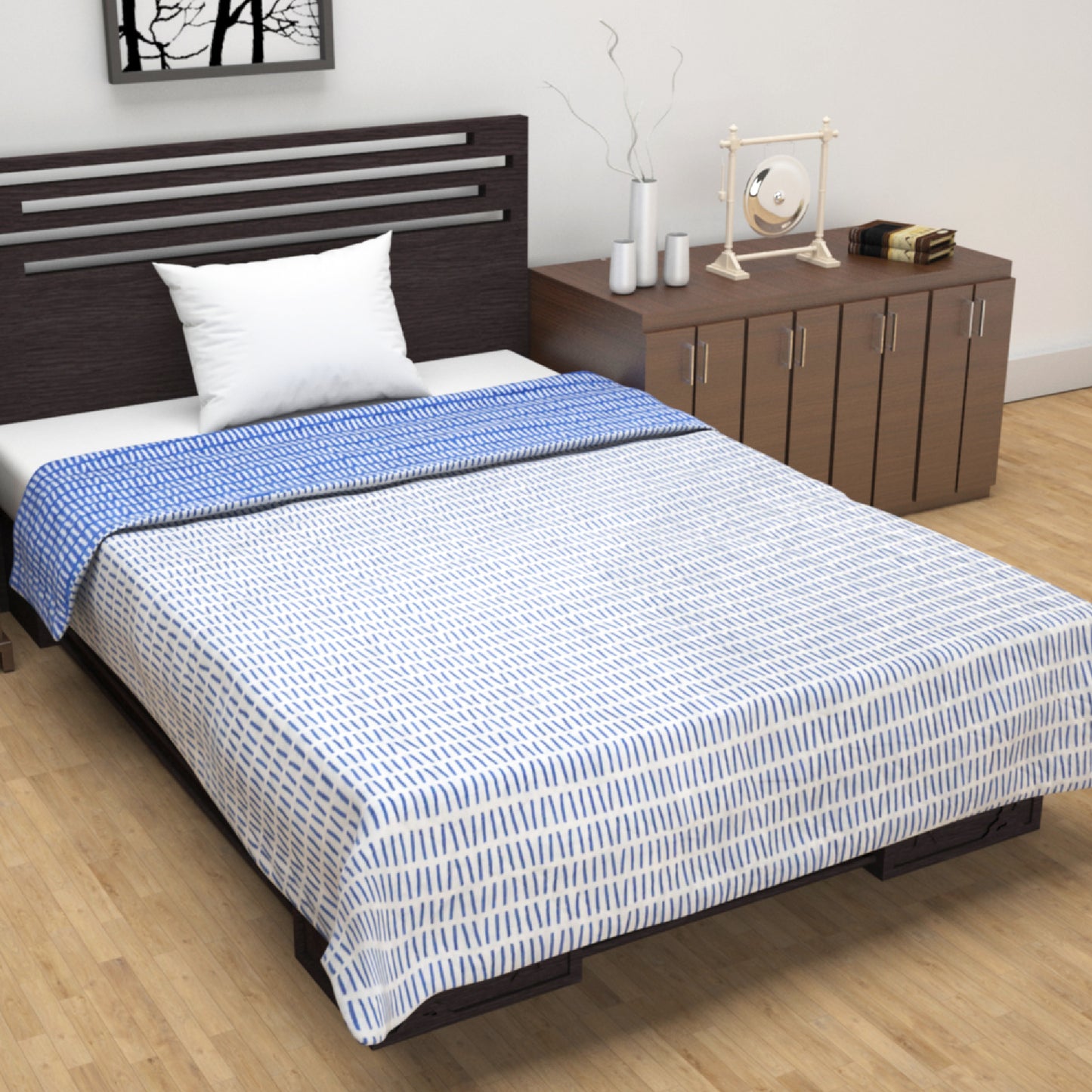 Light Blue And White 120 TC 100% Cambric Cotton Abstract Single Bed AC Blanket Dohar for All Season