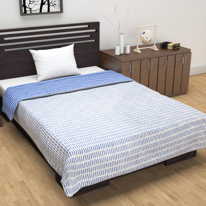 Light Blue And White 120 TC 100% Cambric Cotton Abstract Single Bed AC Blanket Dohar for All Season