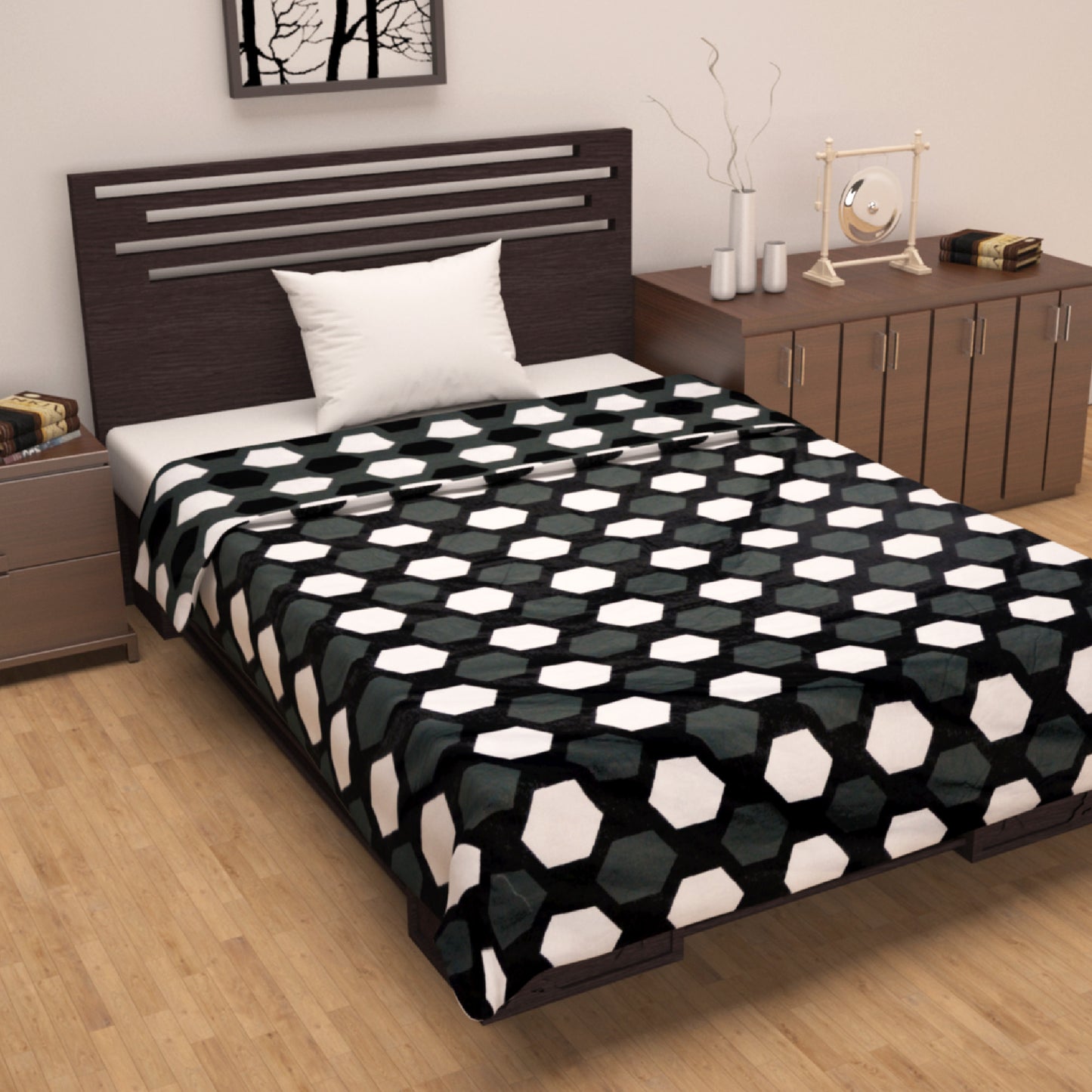Grey And White 120 TC 100% Cambric Cotton Abstract Hexagon Single Bed AC Blanket Dohar for All Season