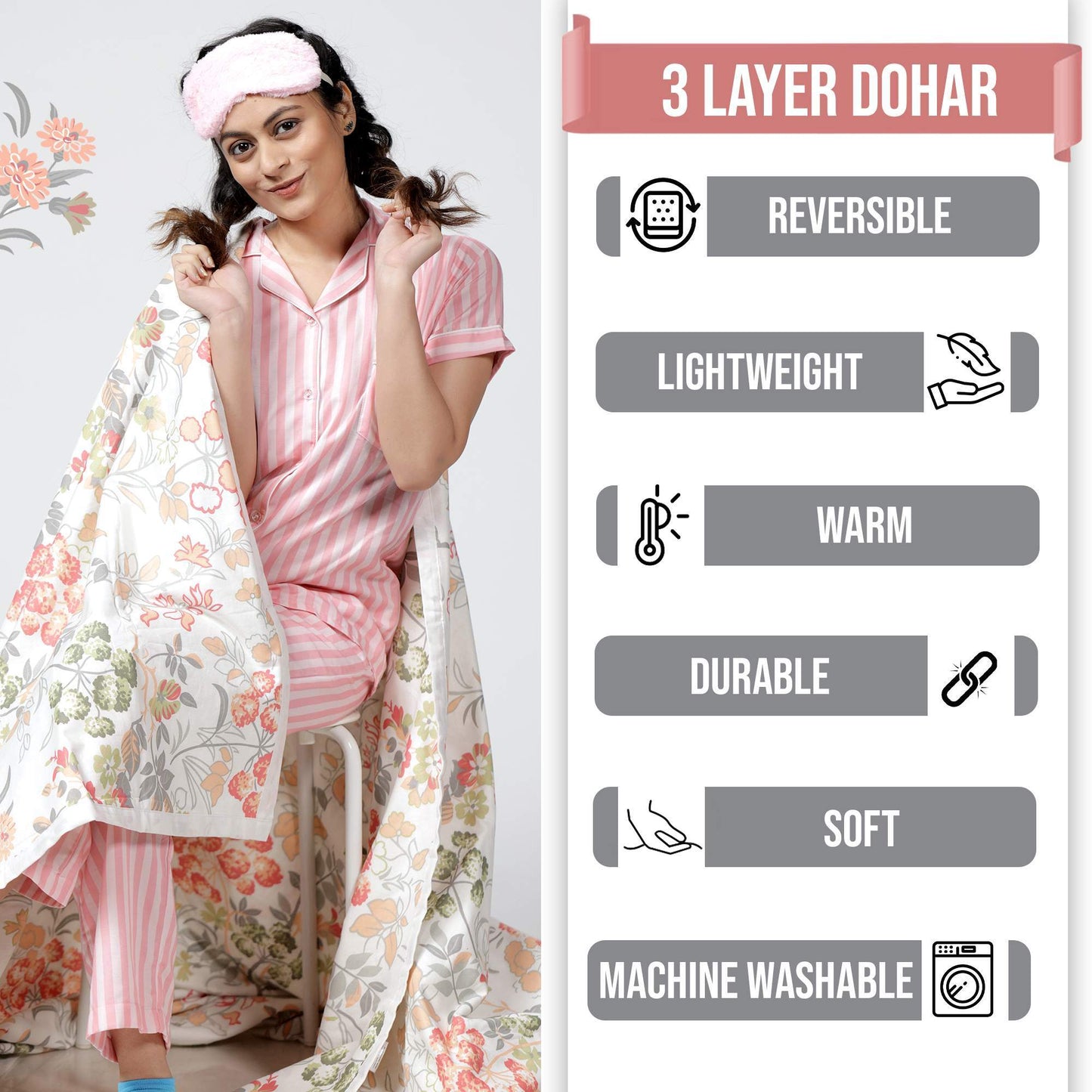 Vintage Floral Peach and White 144 TC 100% Cotton All Season AC Dohar for Single Bed