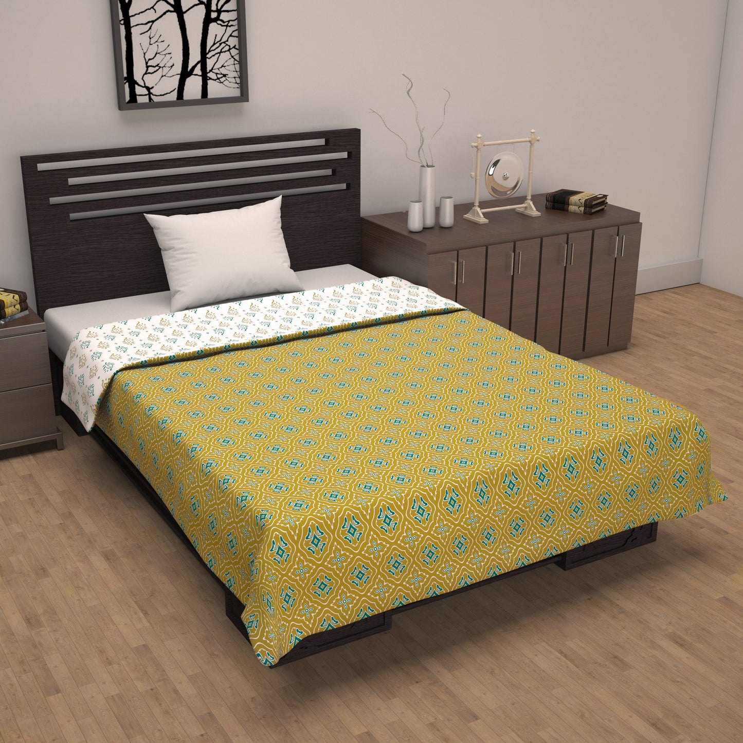 120 GSM Ethnic Print Green and White Cotton Reversible Dohar For Single Bed