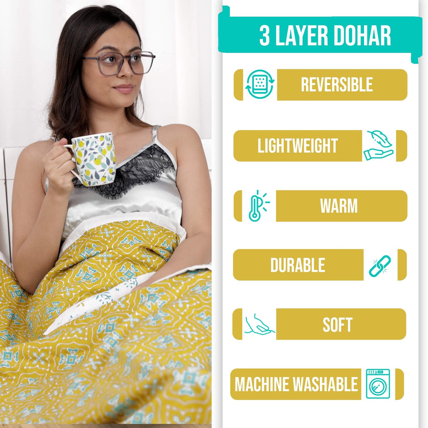 120 GSM Ethnic Print Green and White Cotton Reversible Dohar For Single Bed