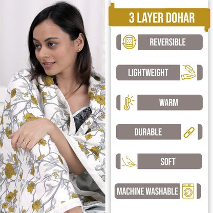 Floral White and Green 120 GSM Reversible Cotton Single Bed Dohar