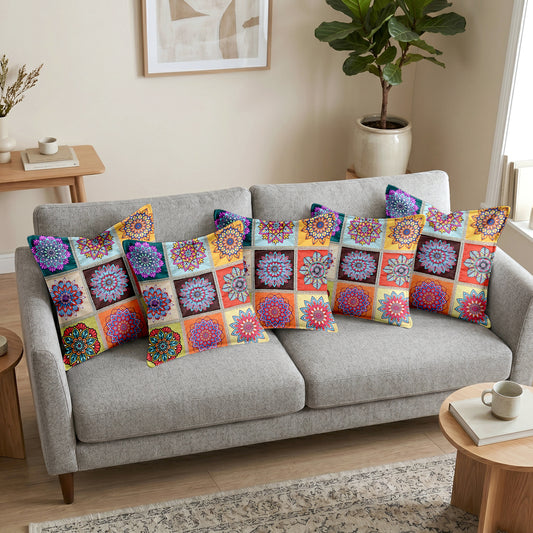 Mandala Print Brown Multicolor Cushion Covers Set of 5