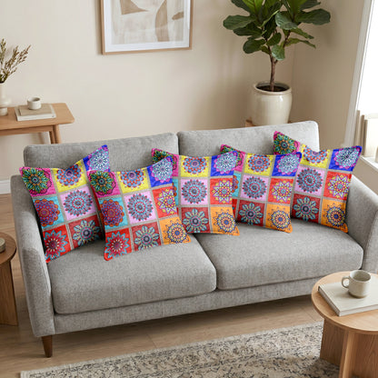 Mandala Print Pink Multicolor Cushion Covers Set of 5
