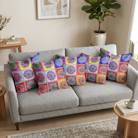 Mandala Print Pink Multicolor Cushion Covers Set of 5