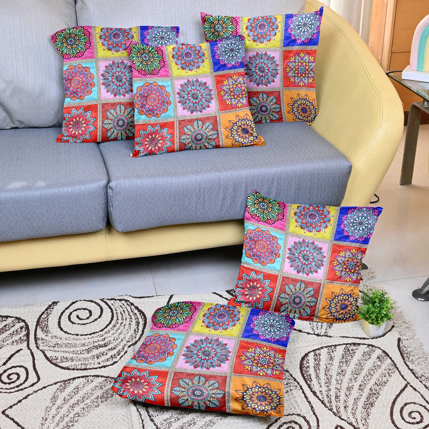 Mandala Print Pink Multicolor Cushion Covers Set of 5