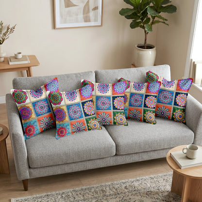 Mandala Print Teal Multicolor Cushion Covers Set of 5