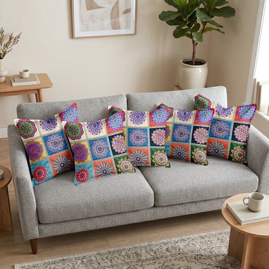 Mandala Print Teal Multicolor Cushion Covers Set of 5