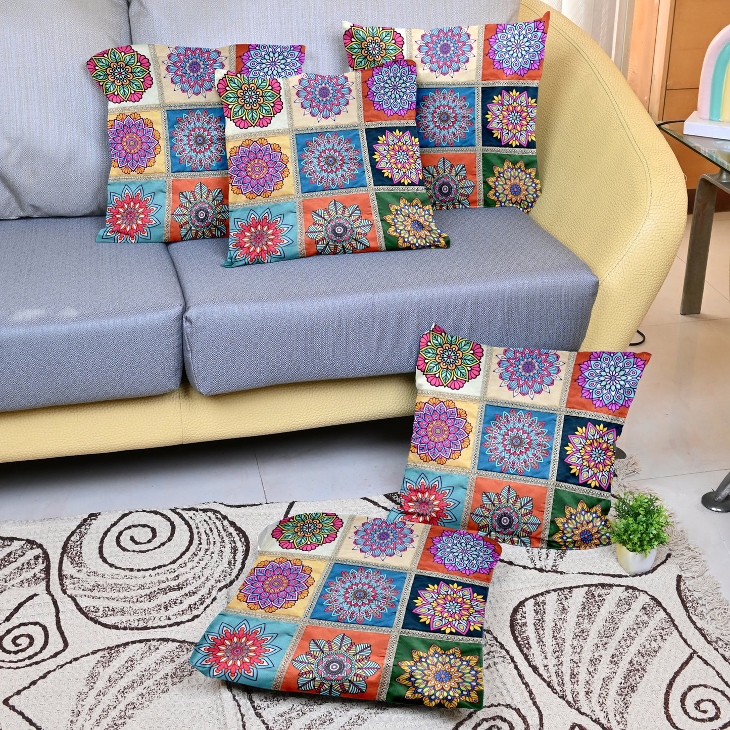 Mandala Print Teal Multicolor Cushion Covers Set of 5