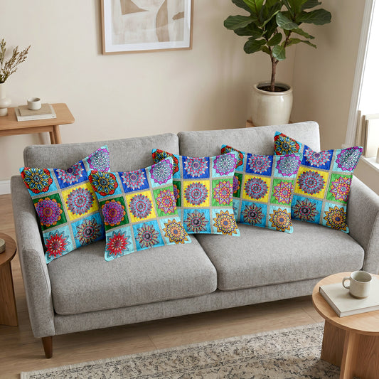 Mandala Print Yellow Multicolor Cushion Covers Set of 5