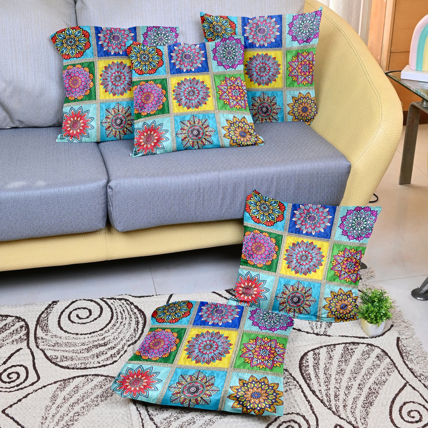 Mandala Print Yellow Multicolor Cushion Covers Set of 5