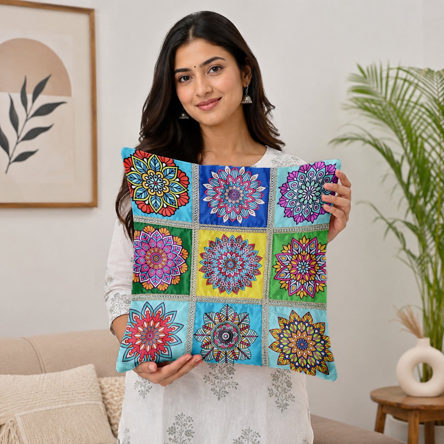 Mandala Print Yellow Multicolor Cushion Covers Set of 5