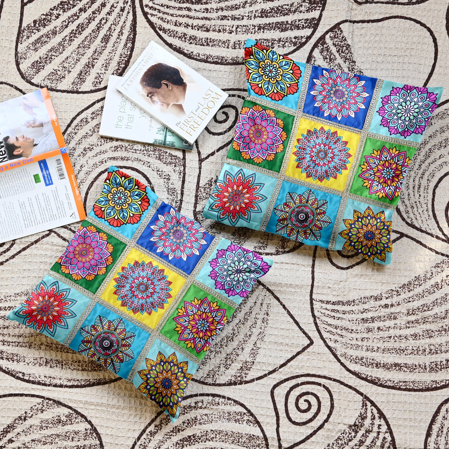Mandala Print Yellow Multicolor Cushion Covers Set of 5