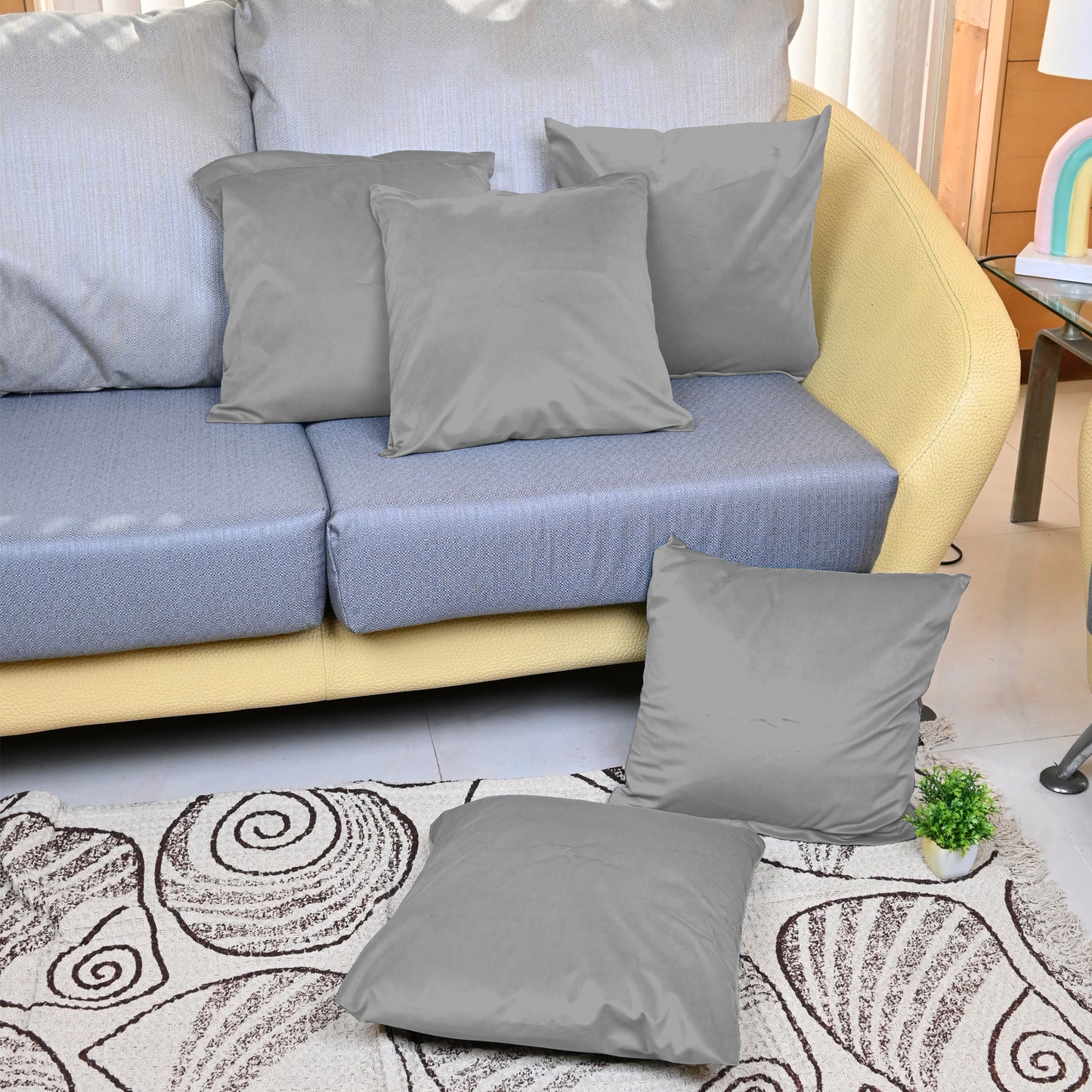 Light Grey Solid Printed Set of 5 Microfiber Cushion Covers 16x16 Inches
